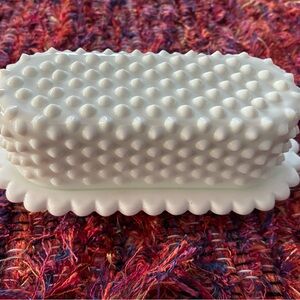 White Hobnail Glass Butter Dish